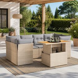 7 Piece Garden Sofa Set Beige Poly Rattan Outdoor Furniture with Cushions