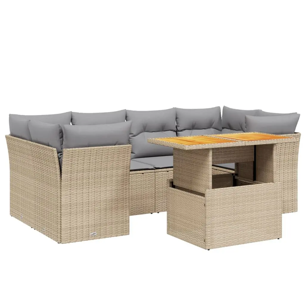 7 Piece Garden Sofa Set Adjustable Table Beige PE Rattan Outdoor Furniture with Cushions