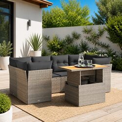 Garden Sofa Set 7 Piece Outdoor Furniture Grey Poly Rattan with Cushions Patio