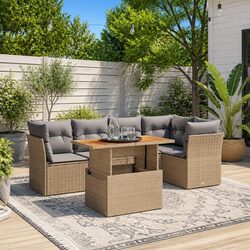 5 Piece Garden Sofa Set Outdoor Patio Furniture Beige Poly Rattan with Cushions