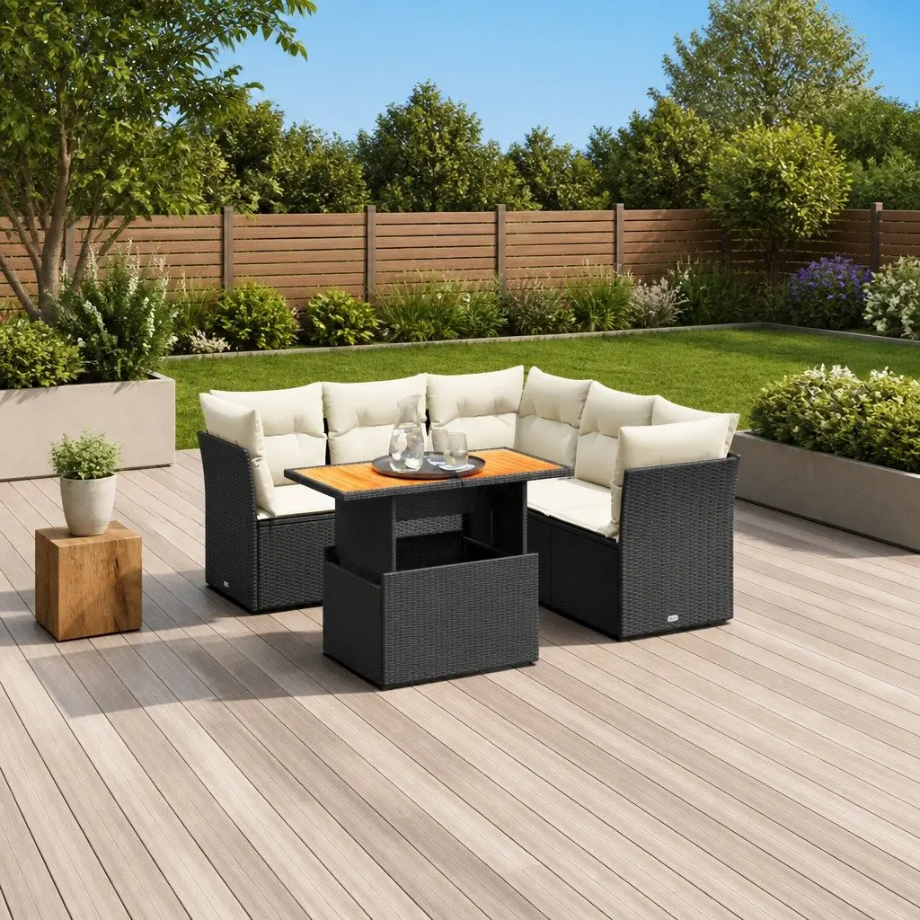 5 Piece Outdoor Garden Sofa Set Black Poly Rattan with Cushions Patio Furniture