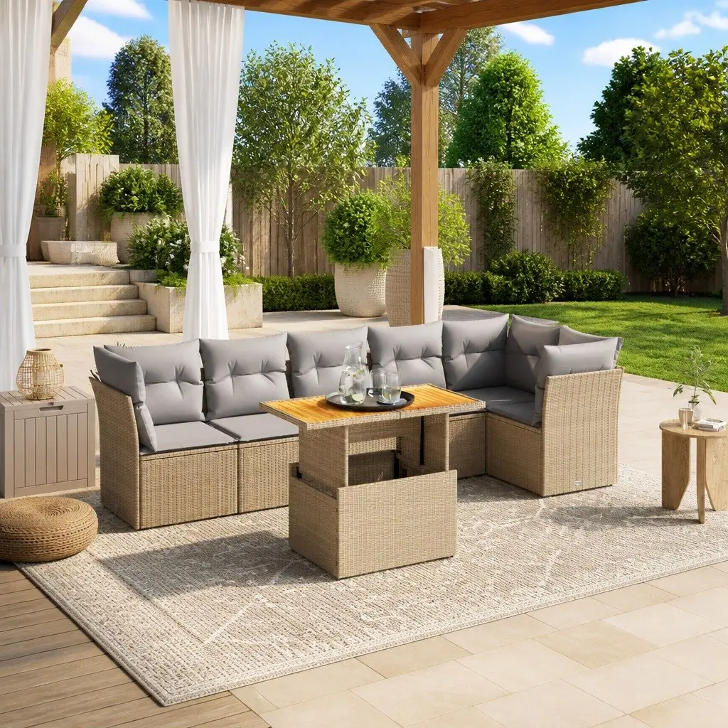 7 Piece Garden Sofa Set Outdoor Furniture Beige PE Rattan Patio Lounge with