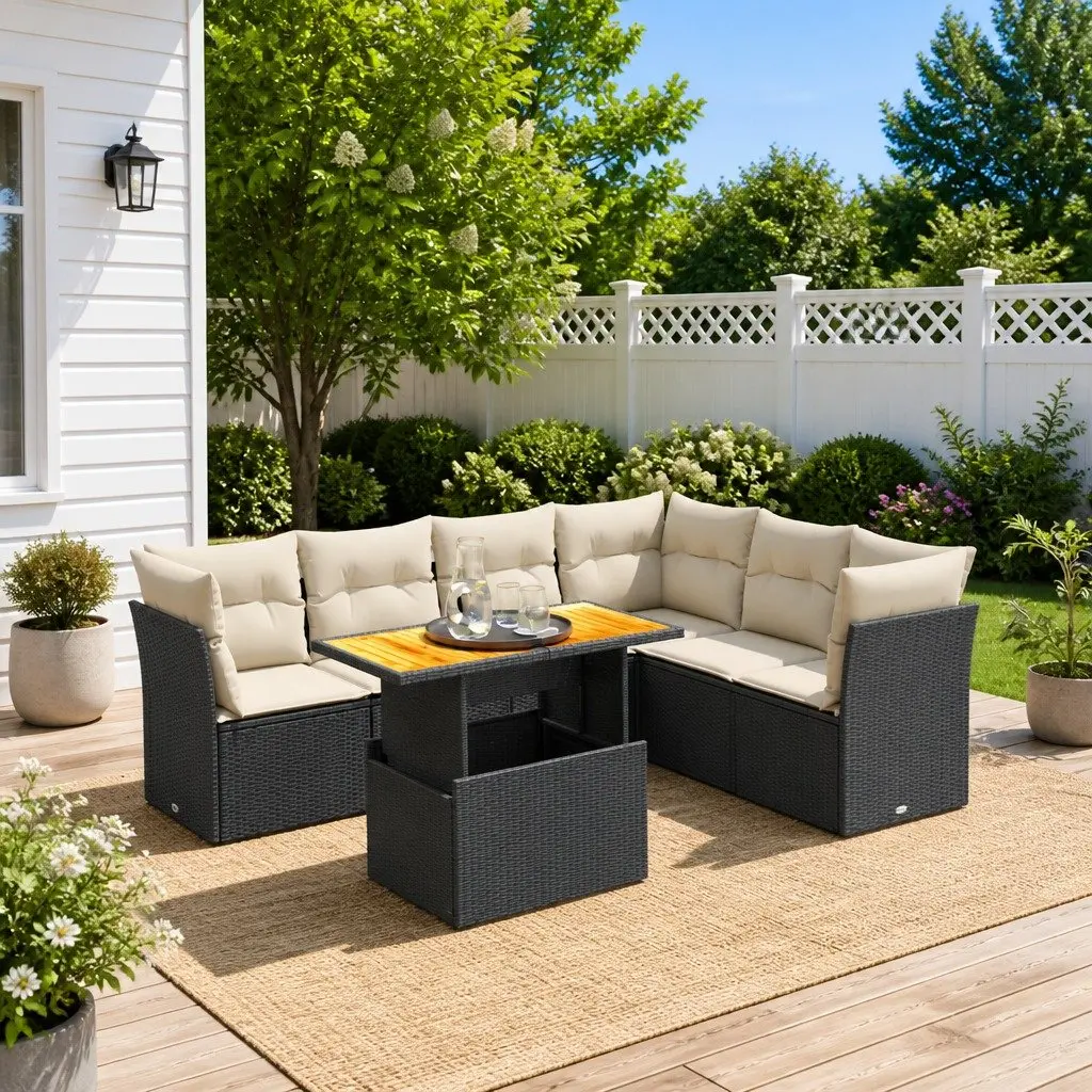 7 Piece Garden Sofa Set Outdoor Patio Furniture Black Poly Rattan with Cushions