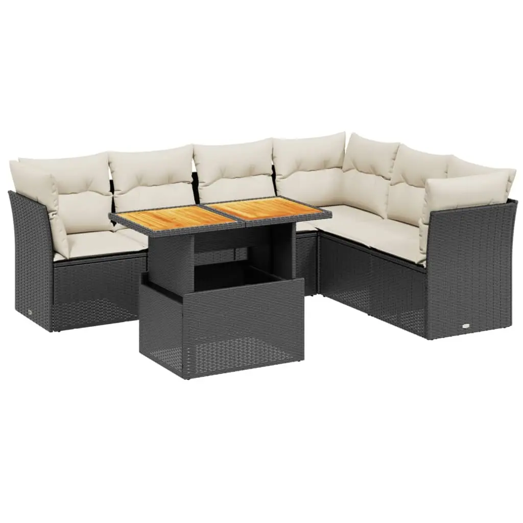 7 Piece Garden Sofa Set Outdoor Patio Furniture Black Poly Rattan with Cushions