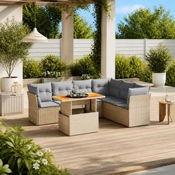 Garden Sofa Set 7 Piece Outdoor Furniture Beige Poly Rattan Patio Sectional