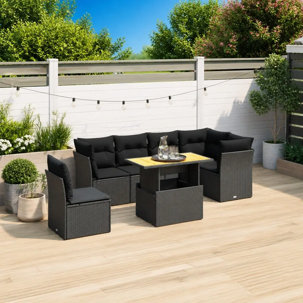 7 Piece Garden Sofa Set Outdoor Furniture Black Poly Rattan with Cushions