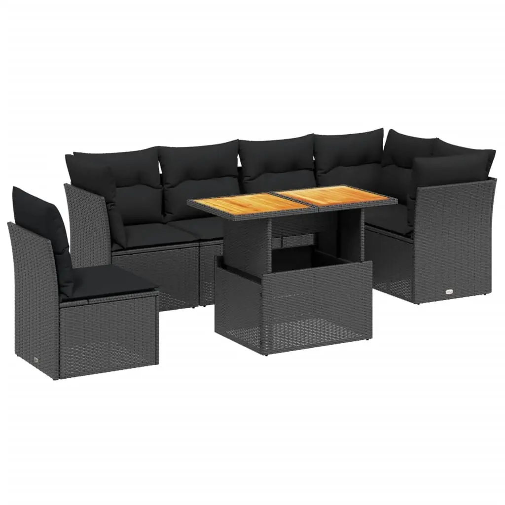 7 Piece Garden Sofa Set Outdoor Furniture Black Poly Rattan with Cushions