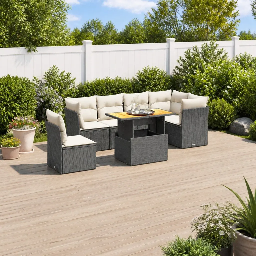 7 Piece Garden Sofa Set Black PE Rattan Outdoor Patio Furniture with Cushions