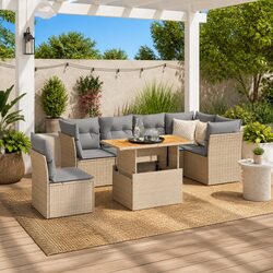 7 Piece Outdoor Garden Sofa Set with Adjustable Table Beige Poly Rattan Cushions