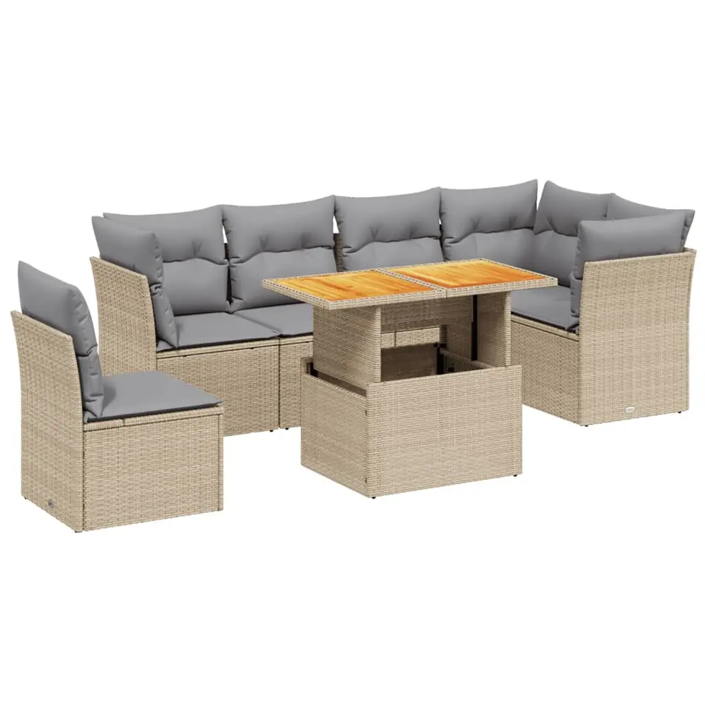 7 Piece Outdoor Garden Sofa Set with Adjustable Table Beige Poly Rattan Cushions