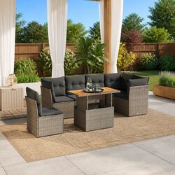 7 Piece Garden Sofa Set with Cushions Grey Outdoor Patio Furniture Poly Rattan