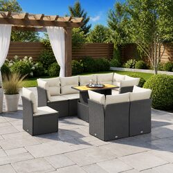 Garden Sofa Set 9 Piece Outdoor Furniture Patio Black Poly Rattan with Cushions