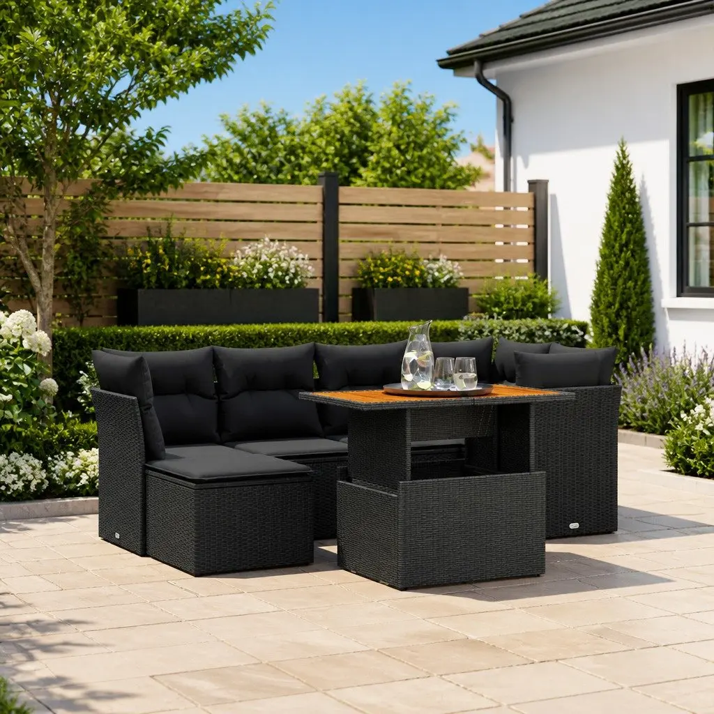 7 Piece Garden Sofa Set with Cushions Black Outdoor Furniture Poly Rattan Patio