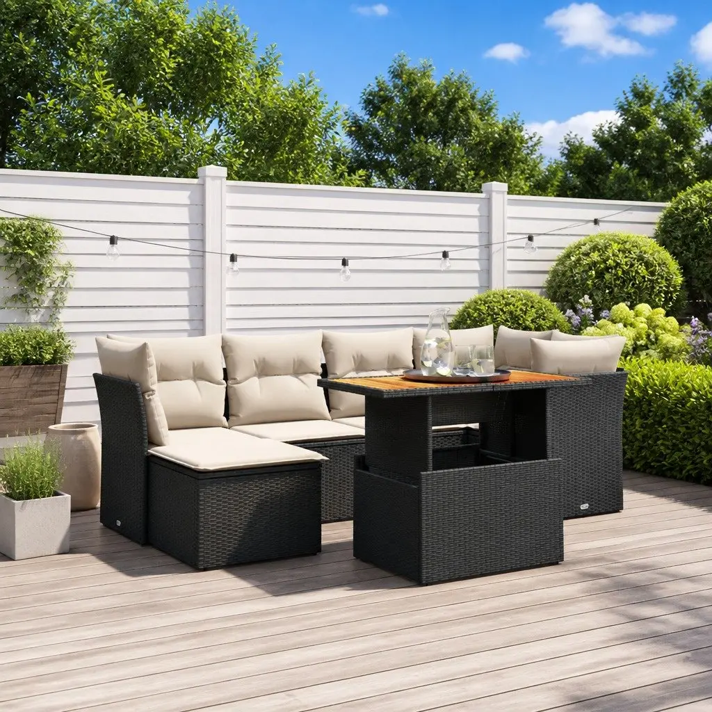 7 Piece Garden Sofa Set Black PE Rattan Outdoor Furniture with Cushions