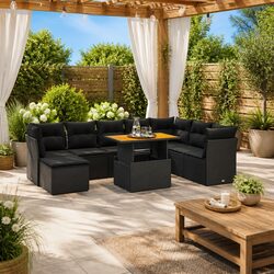 9 Piece Outdoor Garden Sofa Set with Cushions Black Poly Rattan Patio Furniture
