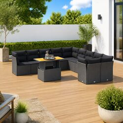 Garden Sofa Set 11 Piece Outdoor Furniture with Cushions Black Poly Rattan Patio