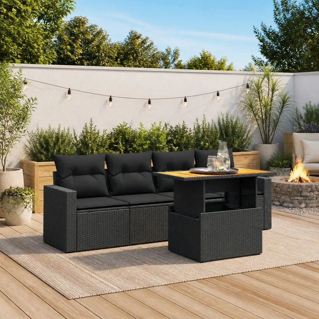 5 Piece Garden Sofa Set Outdoor Furniture Black Poly Rattan Patio Lounge with
