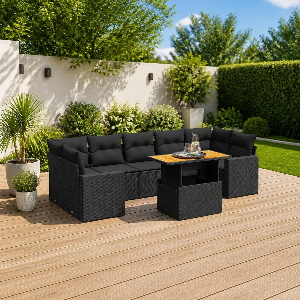 8 Piece Garden Sofa Set Outdoor Furniture Black PE Rattan with Cushions