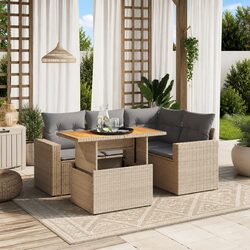 Outdoor Garden Sofa Set 5 Piece Beige Poly Rattan Patio Furniture with Cushions