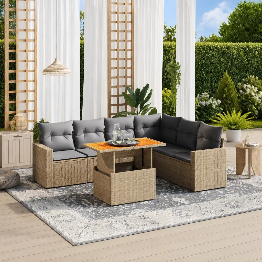 7 Piece Garden Sofa Set Outdoor Furniture Patio Beige Poly Rattan with Cushions