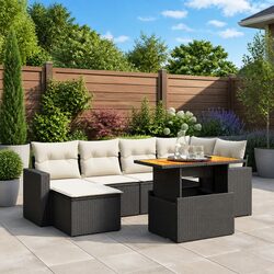 7 Piece Outdoor Garden Sofa Set Black Poly Rattan Patio Furniture with Cushions