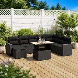 9 Piece Outdoor Garden Sofa Set Black Poly Rattan Patio Furniture with Cushions