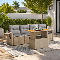 5 Piece Garden Sofa Set Beige Poly Rattan Outdoor Furniture with Cushions