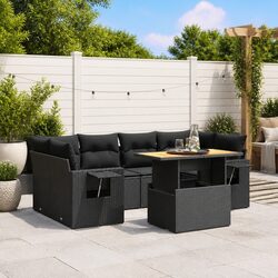 7 Piece Outdoor Garden Sofa Set Black Poly Rattan Patio Furniture with Cushions