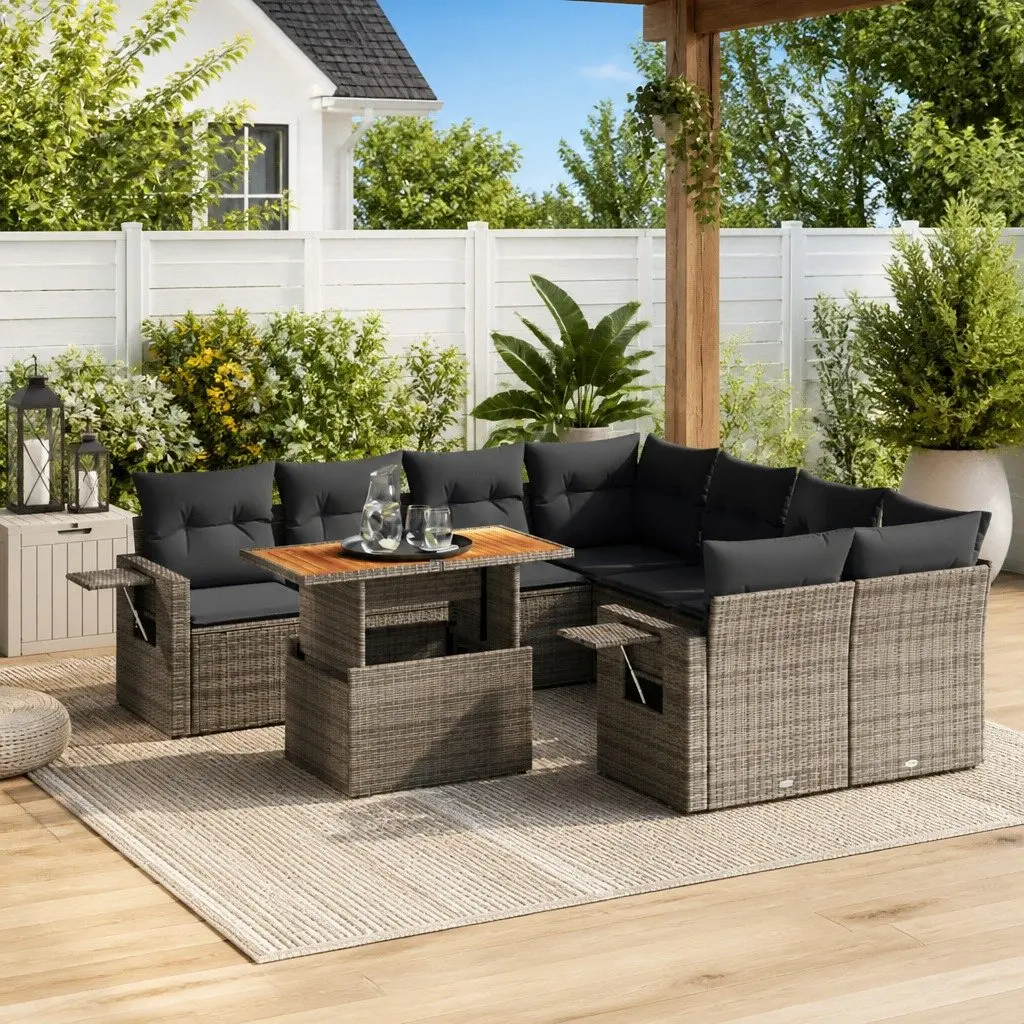 Garden Sofa Set Modular Outdoor Furniture 9 Piece Grey PE Rattan Patio Lounge