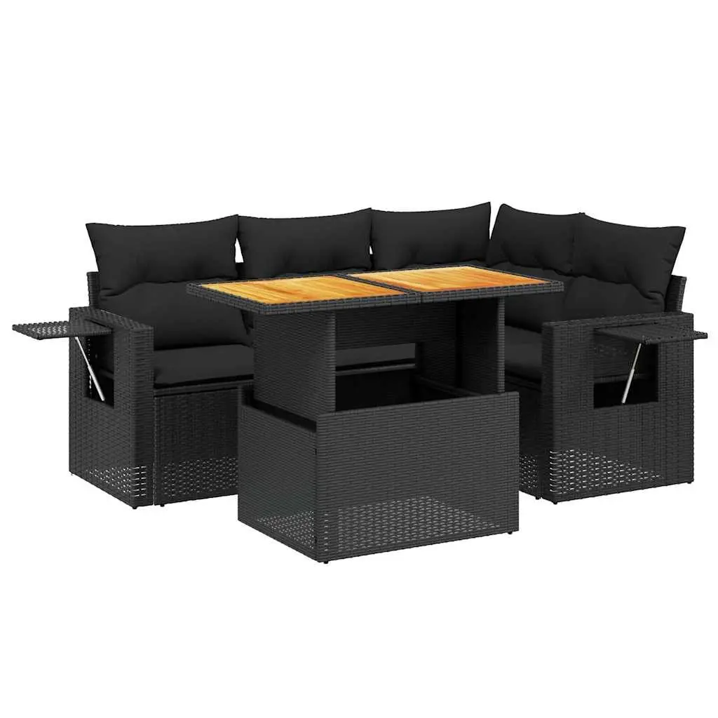5 Piece Outdoor Garden Sofa Set Adjustable Black Poly Rattan Patio Furniture