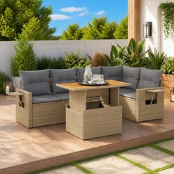 Garden Sofa Set 6 Piece Outdoor Furniture Beige Poly Rattan Patio Lounge