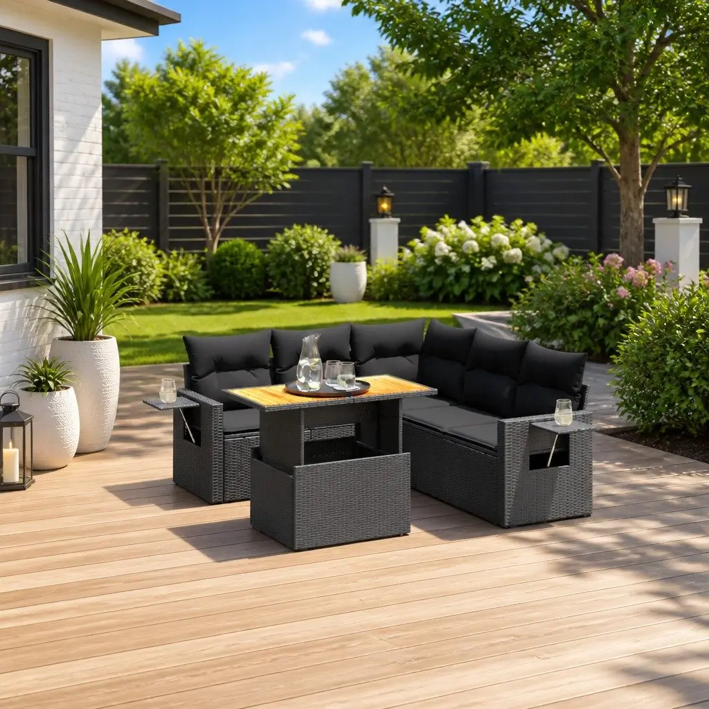 6 Piece Garden Sofa Set Modular Black PE Rattan Outdoor Patio Furniture with Adjustable Table and Cushions