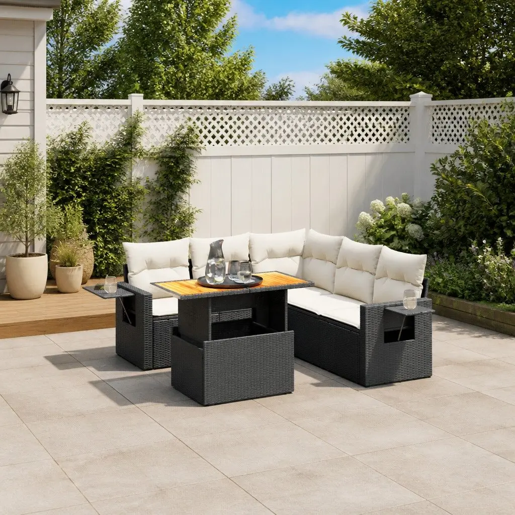 6 Piece Garden Sofa Set with Cushions Black Outdoor Patio Furniture Poly Rattan