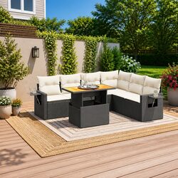 7 Piece Garden Sofa Set Black Poly Rattan Outdoor Furniture Patio Lounge