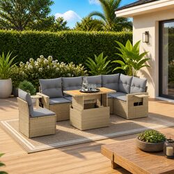7 Piece Outdoor Garden Sofa Set Poly Rattan Patio Furniture with Cushions Beige
