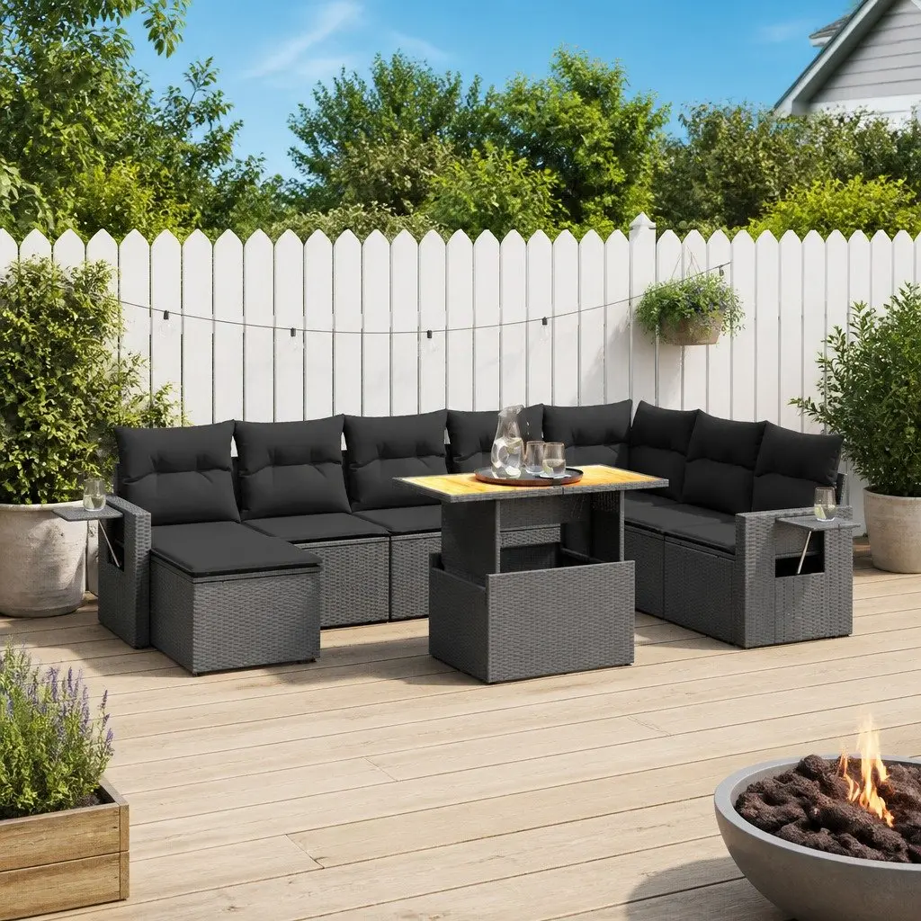 Garden Sofa Set 9 Piece Outdoor Furniture Patio Black Poly Rattan Modular