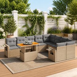 Garden Sofa Set 10 Piece Outdoor Furniture Beige Poly Rattan Patio Lounge