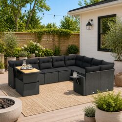 10 Piece Outdoor Garden Sofa Set with Cushions Black Poly Rattan Patio Furniture