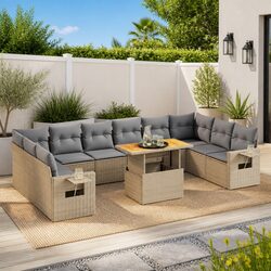 Garden Sofa Set 11 Piece Outdoor Furniture Patio Beige Poly Rattan Modular