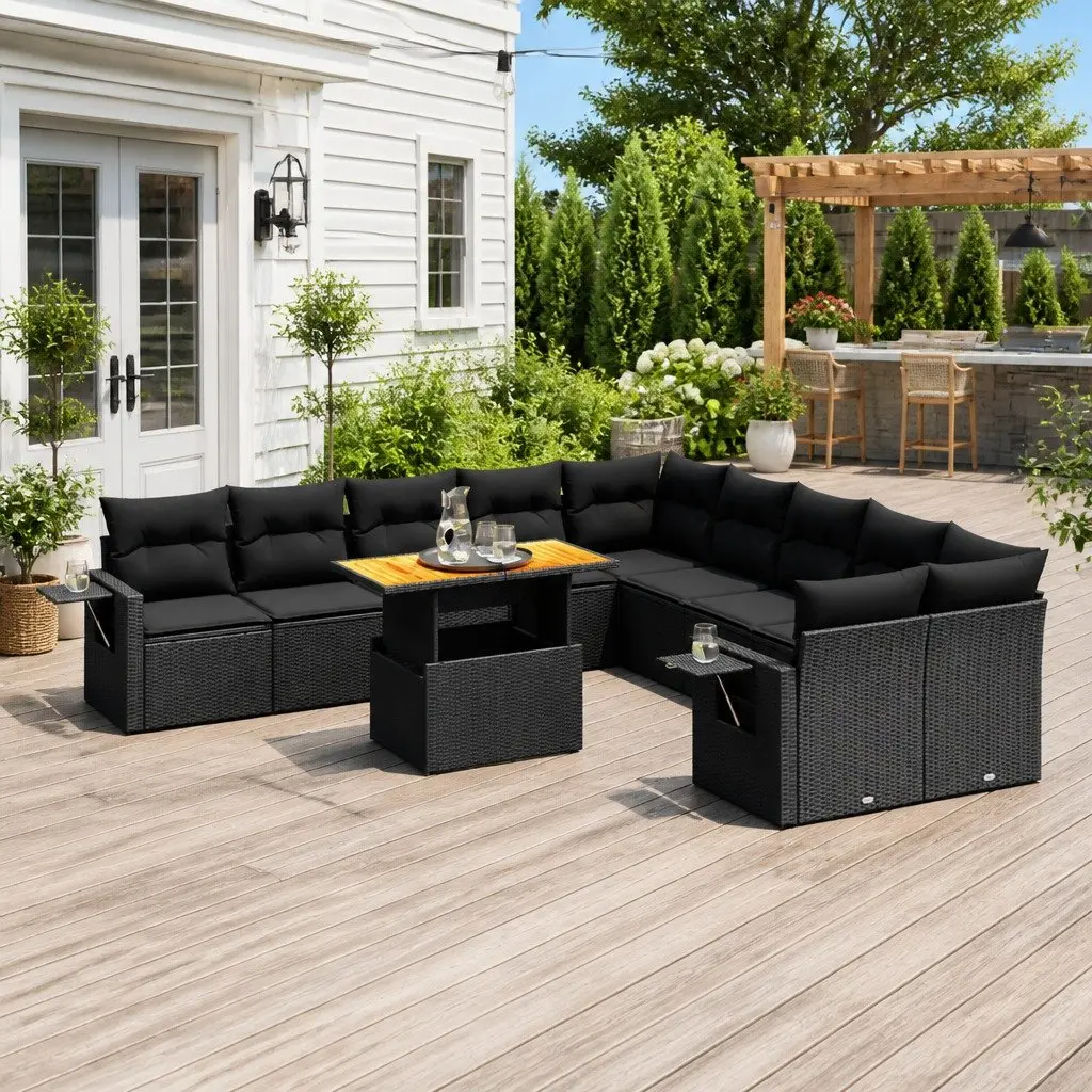 11 Piece Outdoor Garden Sofa Set Black PE Rattan Patio Furniture with Cushions
