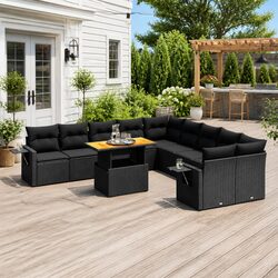 11 Piece Outdoor Garden Sofa Set Black Poly Rattan Patio Furniture with Cushions