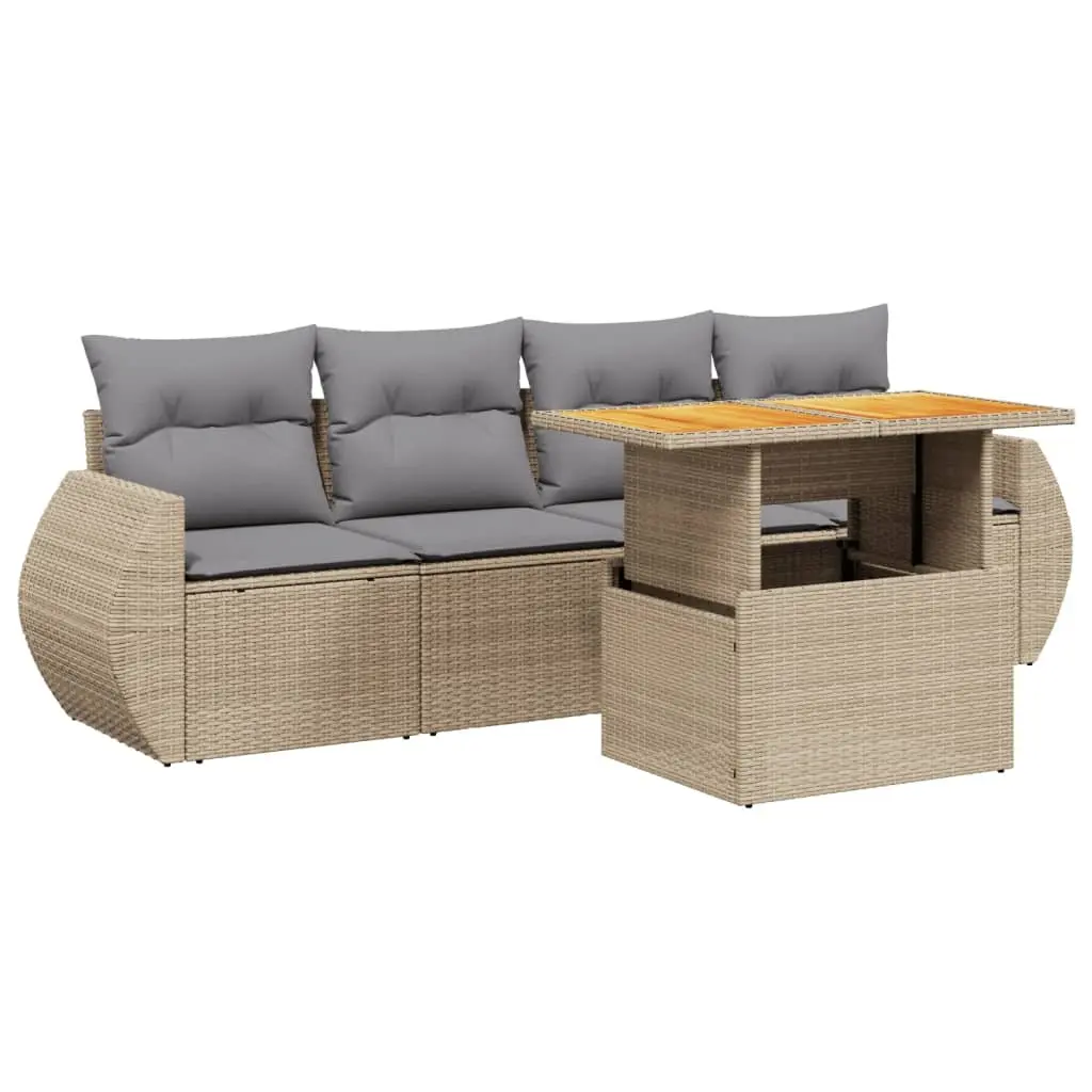 5 Piece Garden Sofa Set Adjustable Dining Table Beige Poly Rattan Outdoor