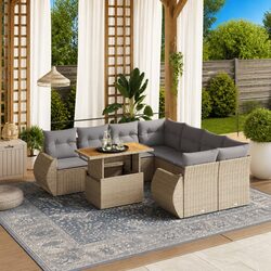 9 Piece Outdoor Garden Sofa Set Beige PE Rattan Patio Furniture with Cushions