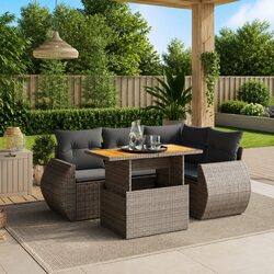5 Piece Outdoor Garden Sofa Set with Cushions Grey Poly Rattan Patio Furniture