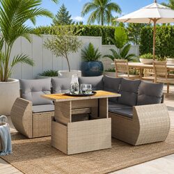 Garden Sofa Set 6 Piece Outdoor Furniture Beige Poly Rattan Patio with Cushions