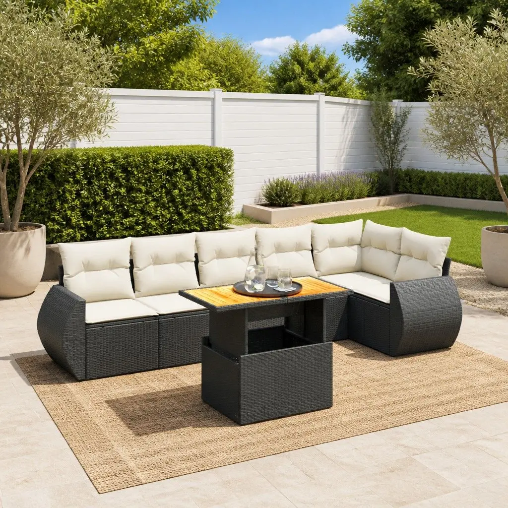 7 Piece Garden Sofa Set with Cushions Adjustable Tabletop Black PE Rattan Outdoor Furniture