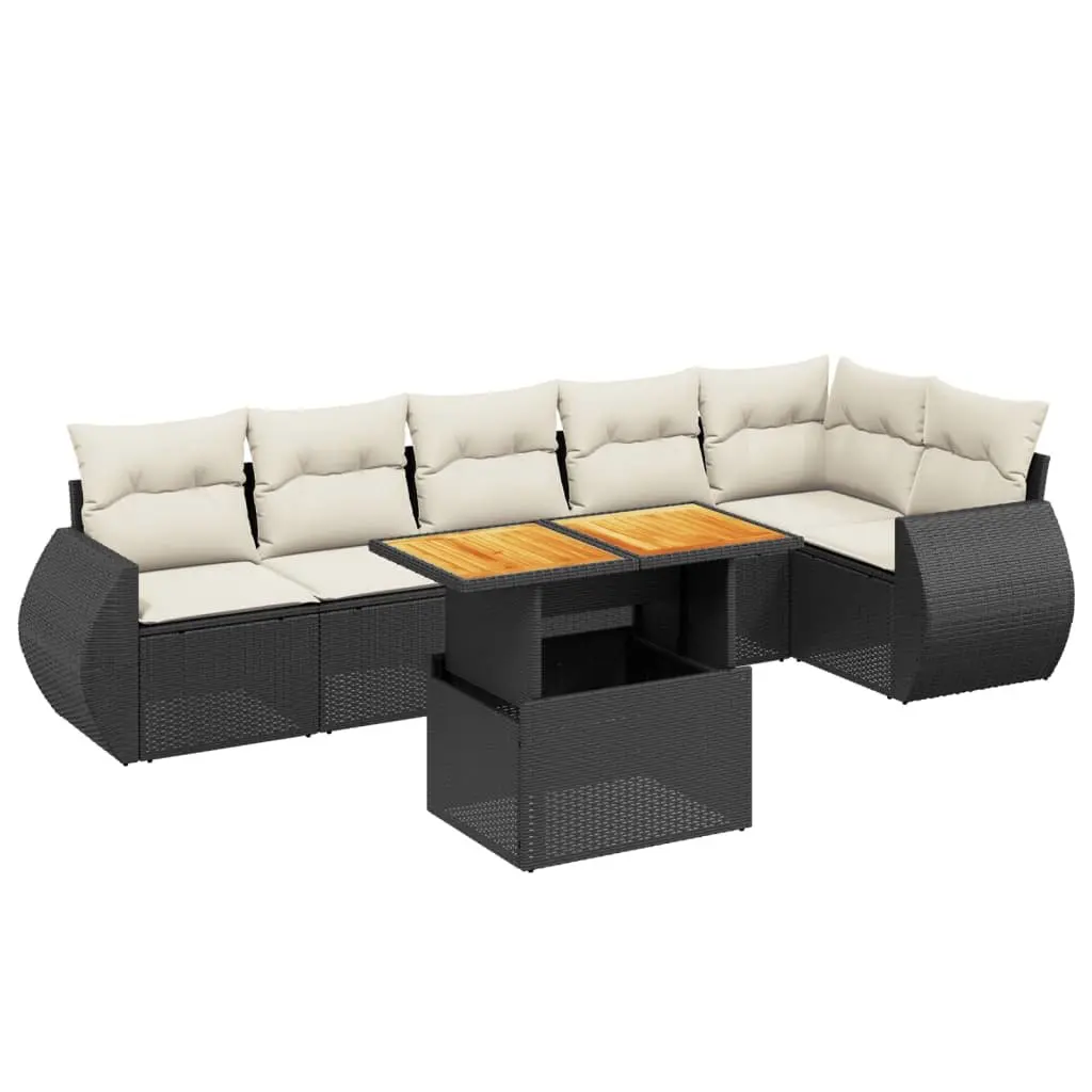 7 Piece Garden Sofa Set with Cushions Adjustable Tabletop Black PE Rattan Outdoor Furniture