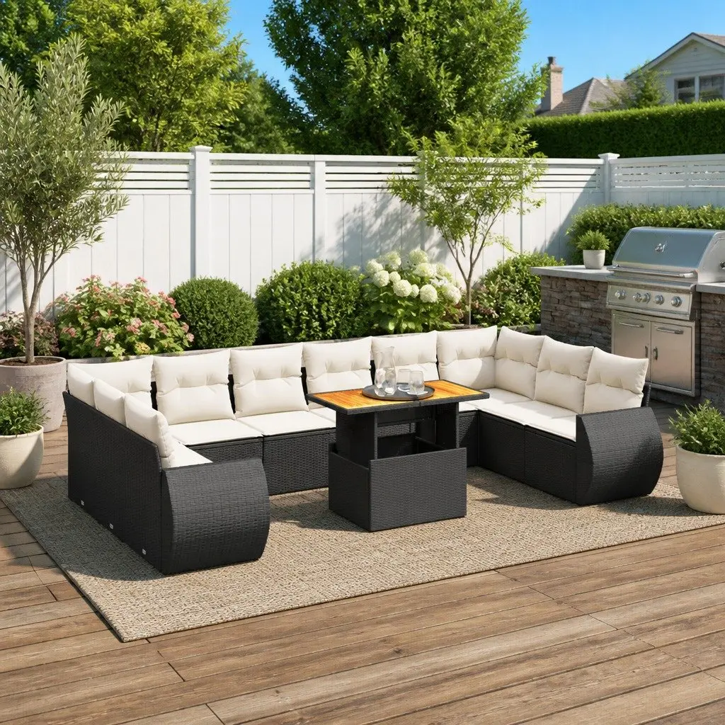 11 Piece Garden Sofa Set Outdoor Furniture Black Poly Rattan with Cushions Patio