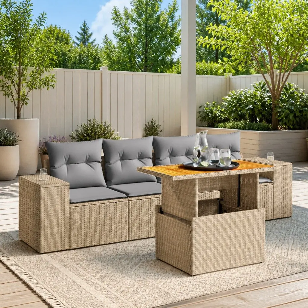 5 Piece Garden Sofa Set Outdoor Patio Furniture with Cushions Beige Poly Rattan