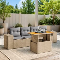 5 Piece Garden Sofa Set Outdoor Patio Furniture with Cushions Beige Poly Rattan